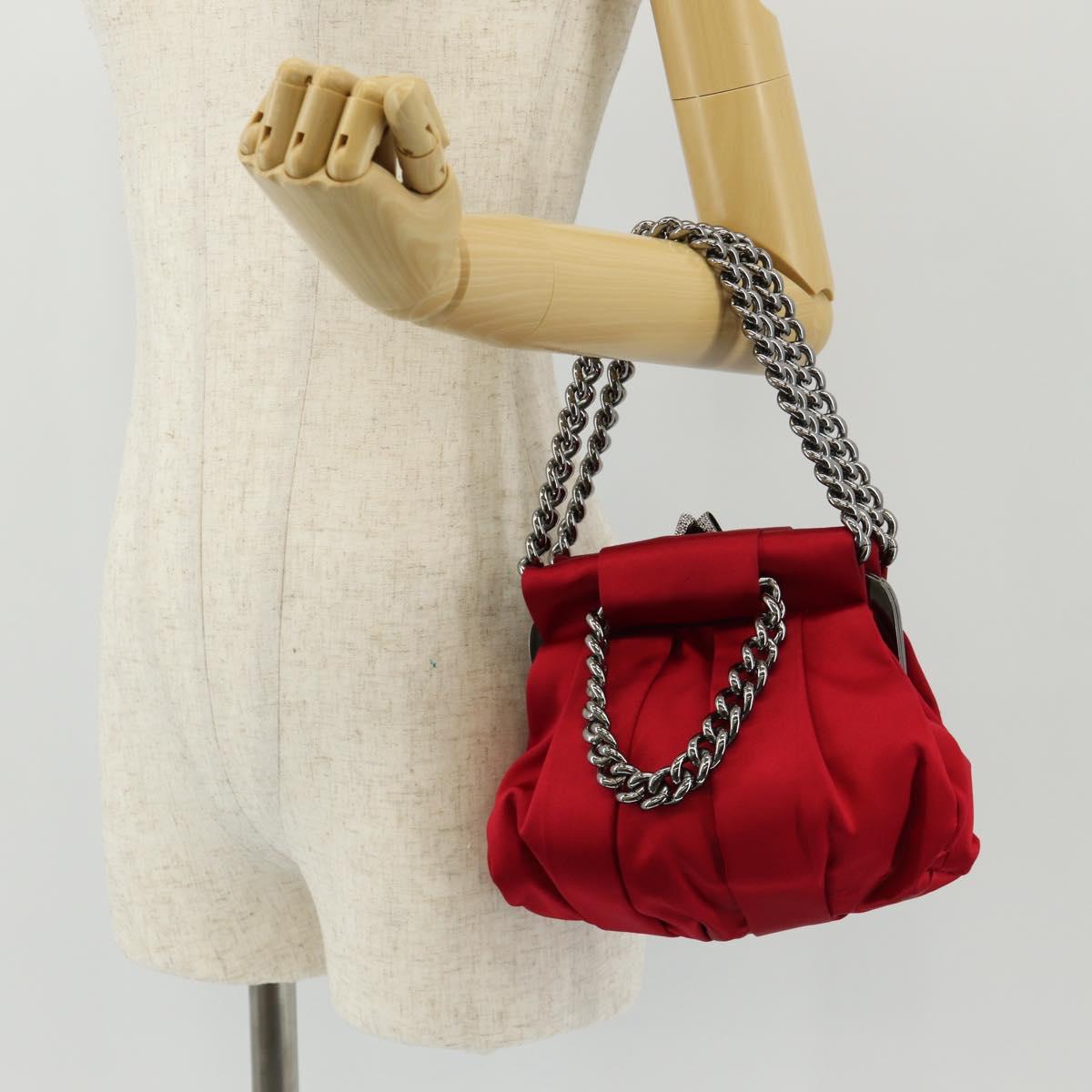 Christian Louboutin Chain Hand Bag Satin Red Silver Auth BA7098V