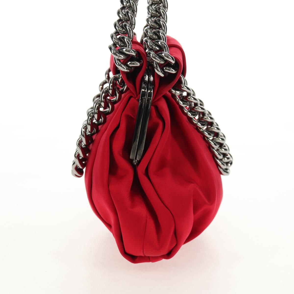 Christian Louboutin Chain Hand Bag Satin Red Silver Auth BA7098V