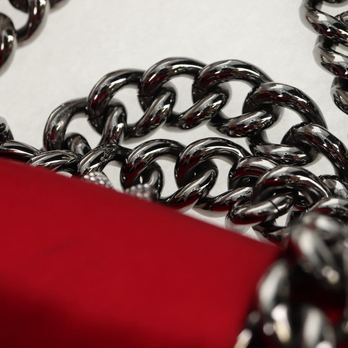 Christian Louboutin Chain Hand Bag Satin Red Silver Auth BA7098V