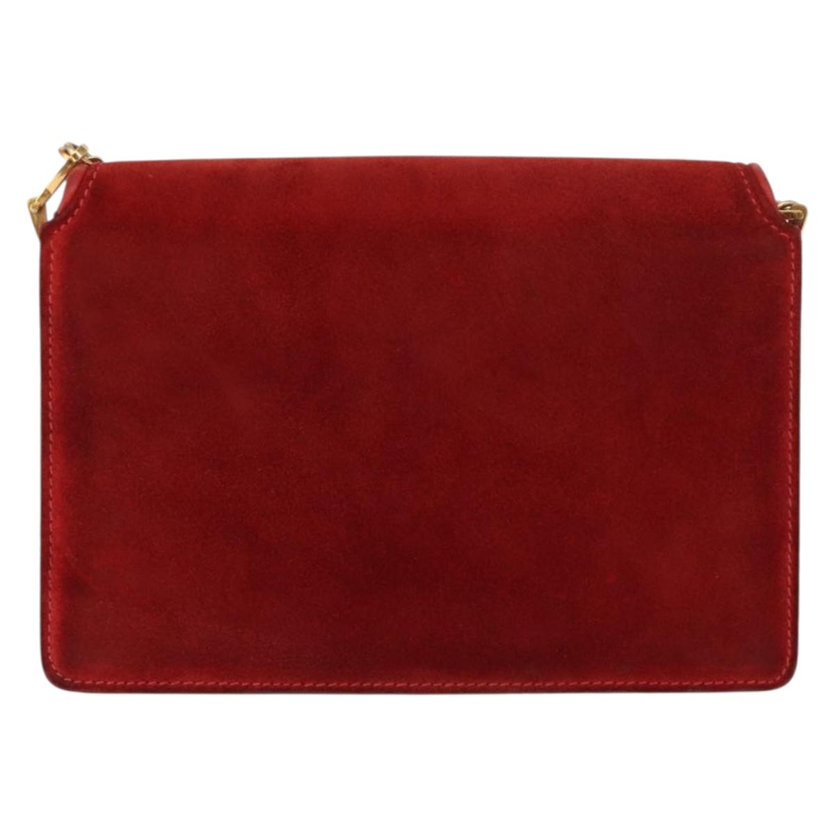 GUCCI Chain Shoulder Bag Leather Suede Red Gold Auth BA7109