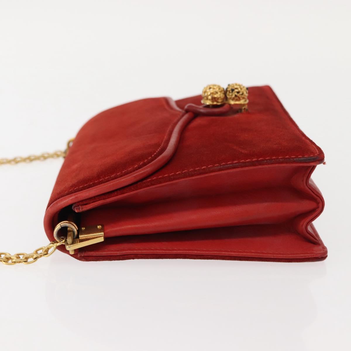 GUCCI Chain Shoulder Bag Leather Suede Red Gold Auth BA7109