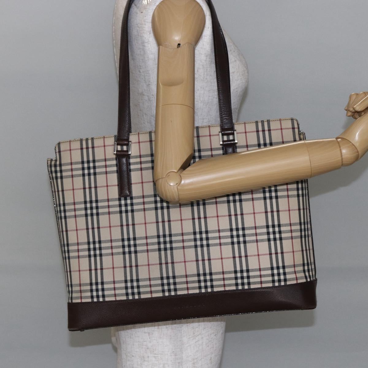 BURBERRY Nova Check Tote Bag Canvas Beige Silver Auth BA7138
