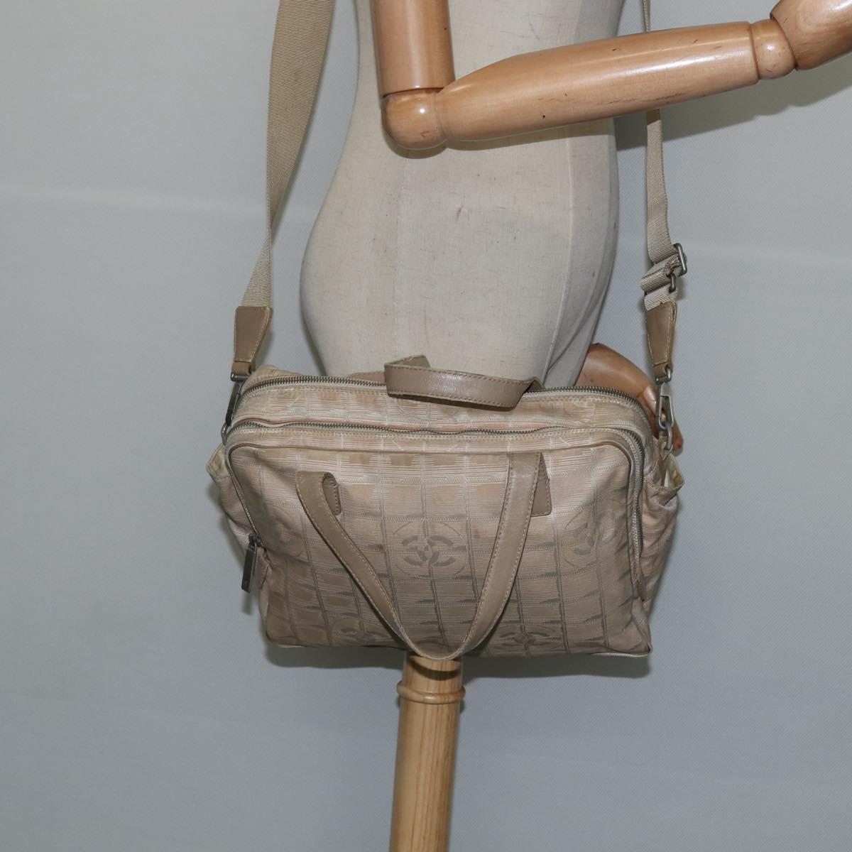 CHANEL New Travel Line Hand Bag Nylon 2way Beige Silver CC Auth BA7143