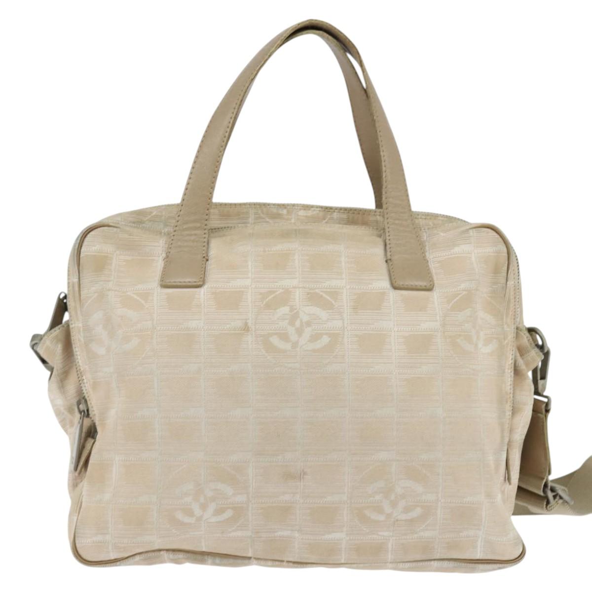 CHANEL New Travel Line Hand Bag Nylon 2way Beige Silver CC Auth BA7143
