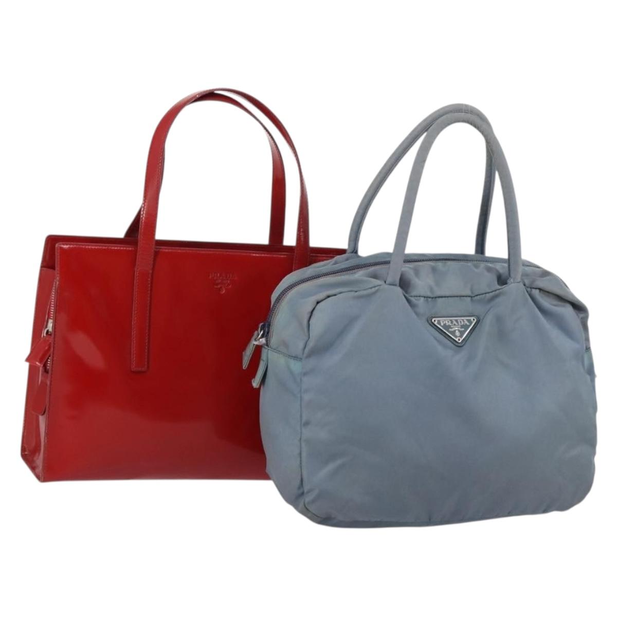 PRADA Tote Bag Leather Nylon 2Set Red Blue Auth BA7150