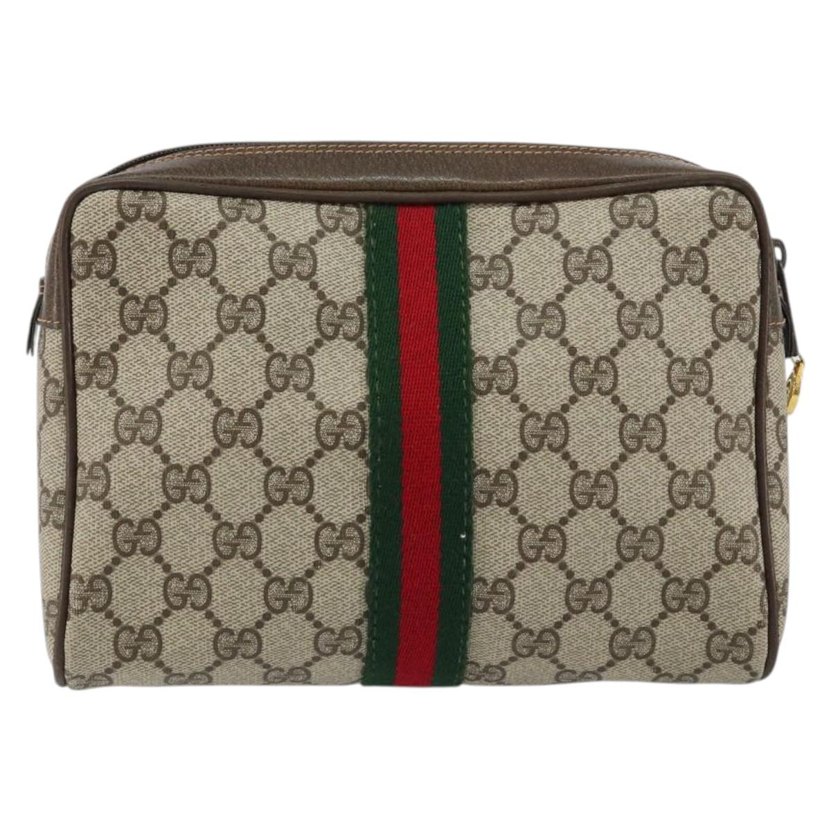 GUCCI GG Supreme Web Sherry Line Clutch Bag PVC Beige Auth BA7254