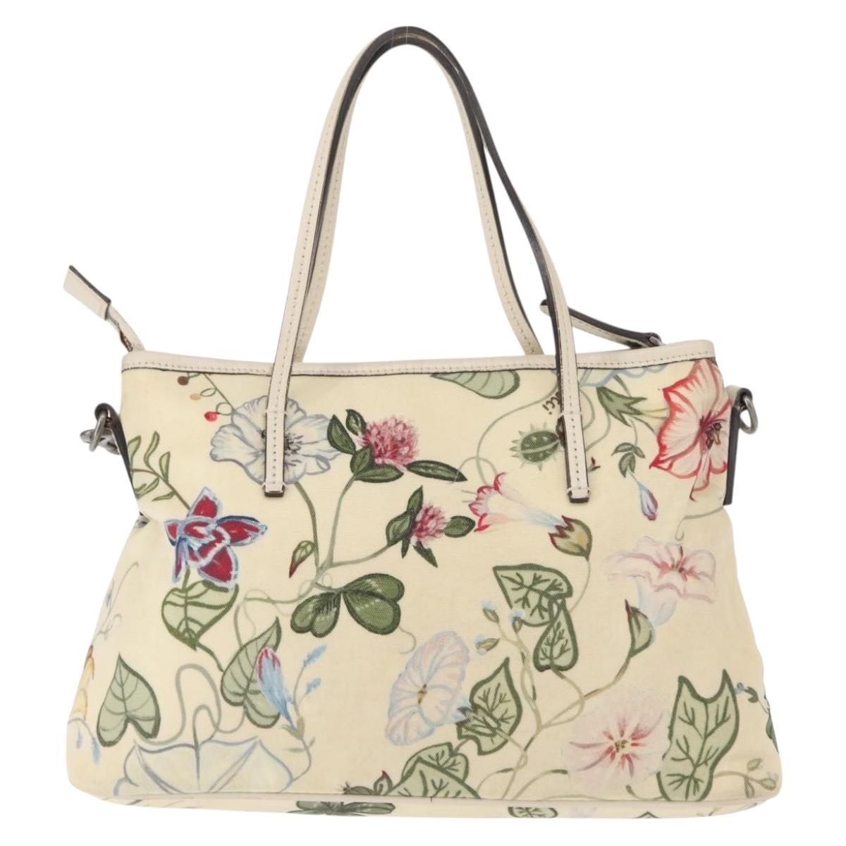 GUCCI Flora Tote Bag Nylon Leather 2way Beige Silver 353440 Auth BA7279