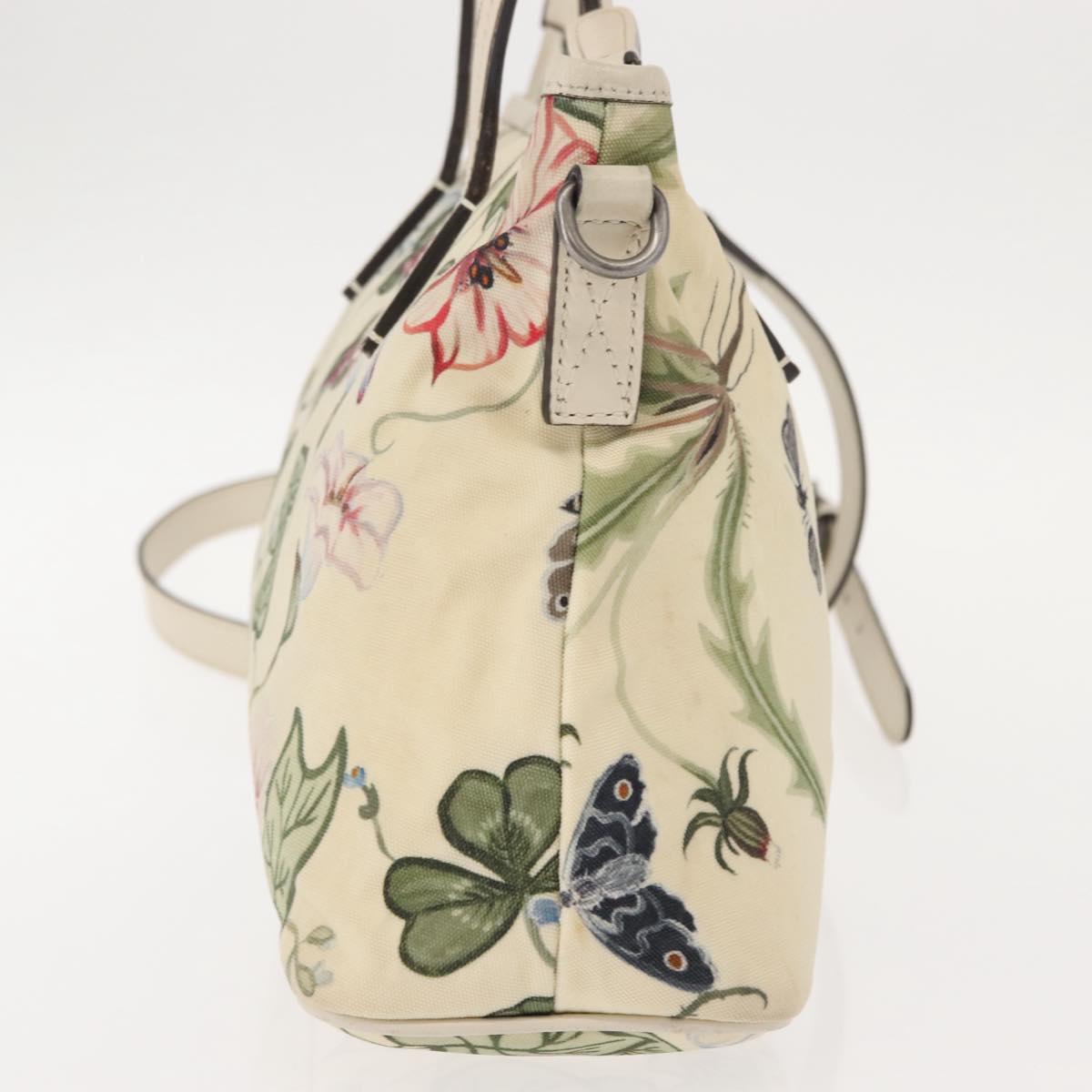 GUCCI Flora Tote Bag Nylon Leather 2way Beige Silver 353440 Auth BA7279