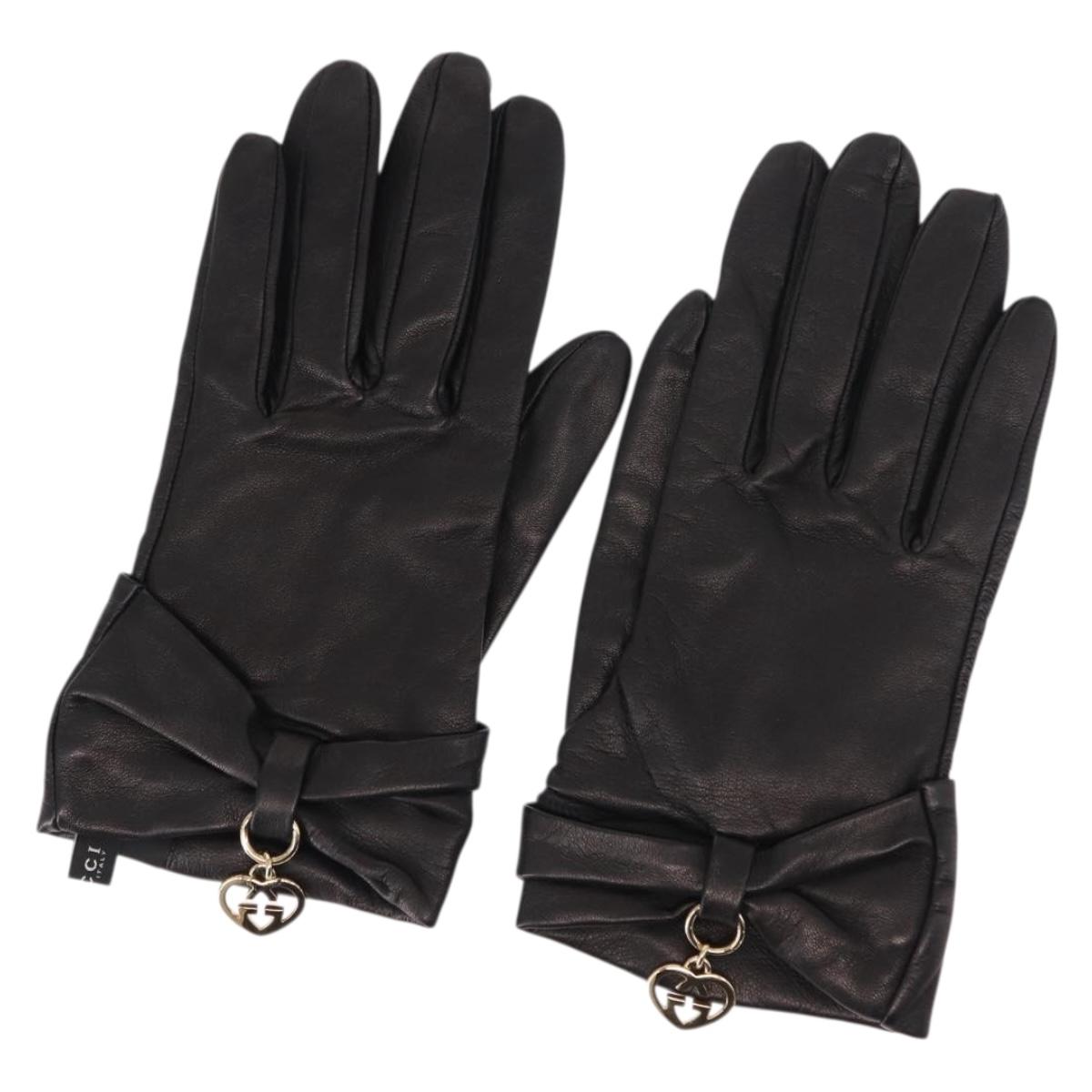 GUCCI Lovely Gloves Leather Black Auth BA7287V