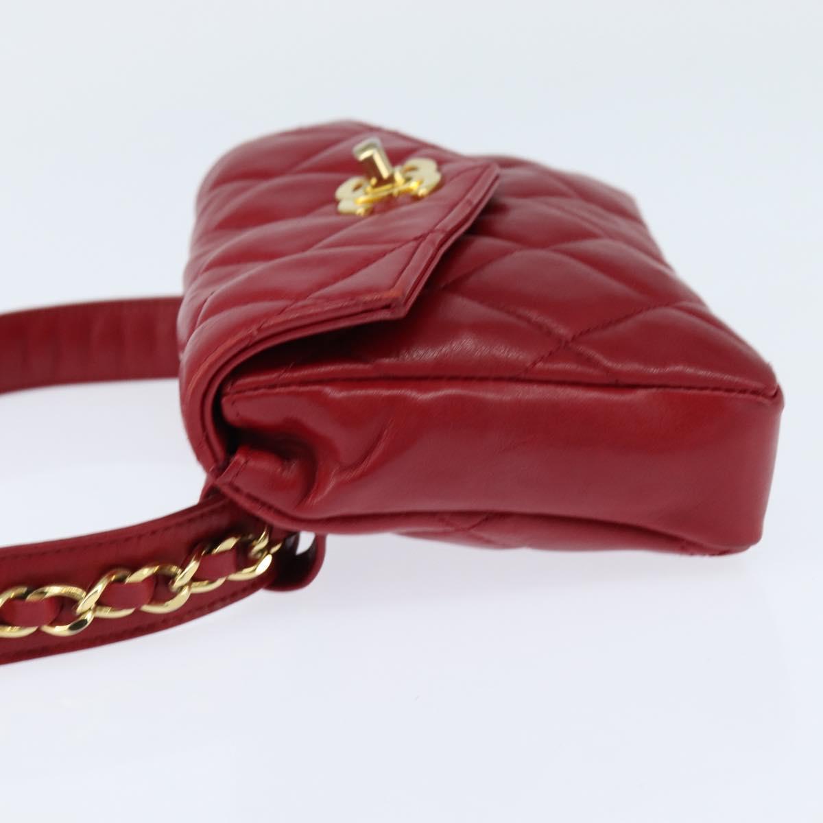 CHANEL Matelasse Waist Bag Lamb Skin Red Gold CC Auth BA7291