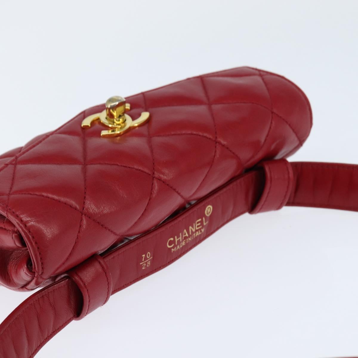 CHANEL Matelasse Waist Bag Lamb Skin Red Gold CC Auth BA7291