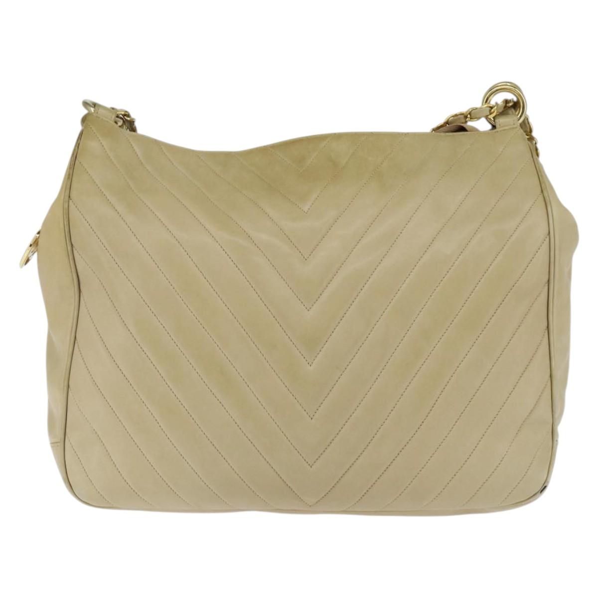 CHANEL Chain V Stitch Shoulder Bag Lamb Skin Beige Gold CC Auth BA7292