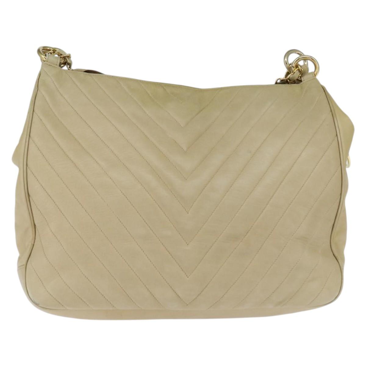 CHANEL Chain V Stitch Shoulder Bag Lamb Skin Beige Gold CC Auth BA7292