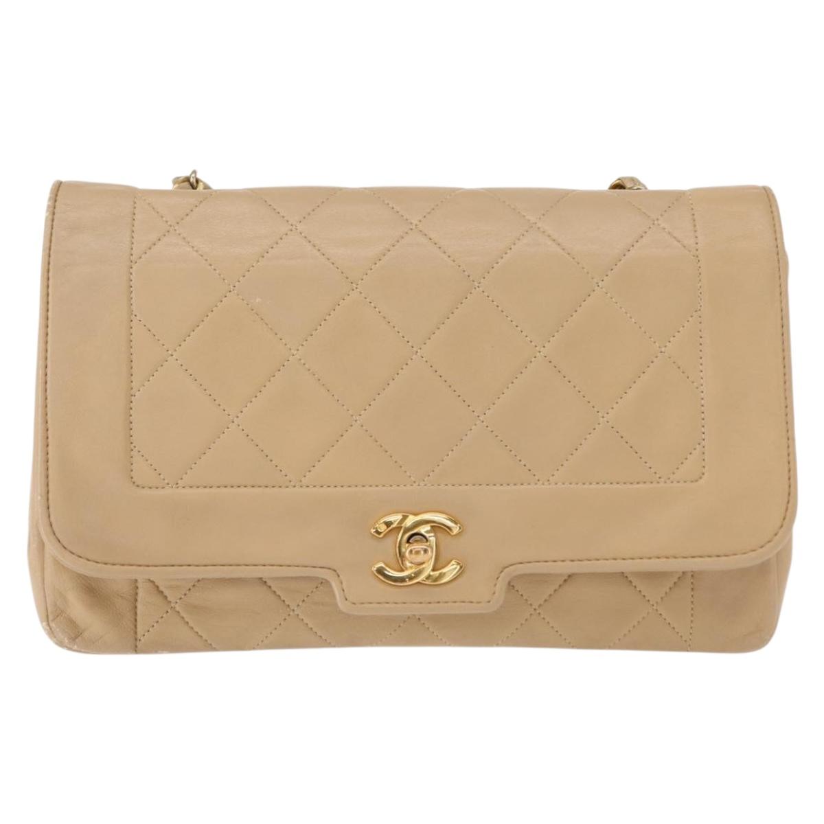 CHANEL Matelasse Chain Shoulder Bag Lamb Skin Beige Gold CC Auth BA7295