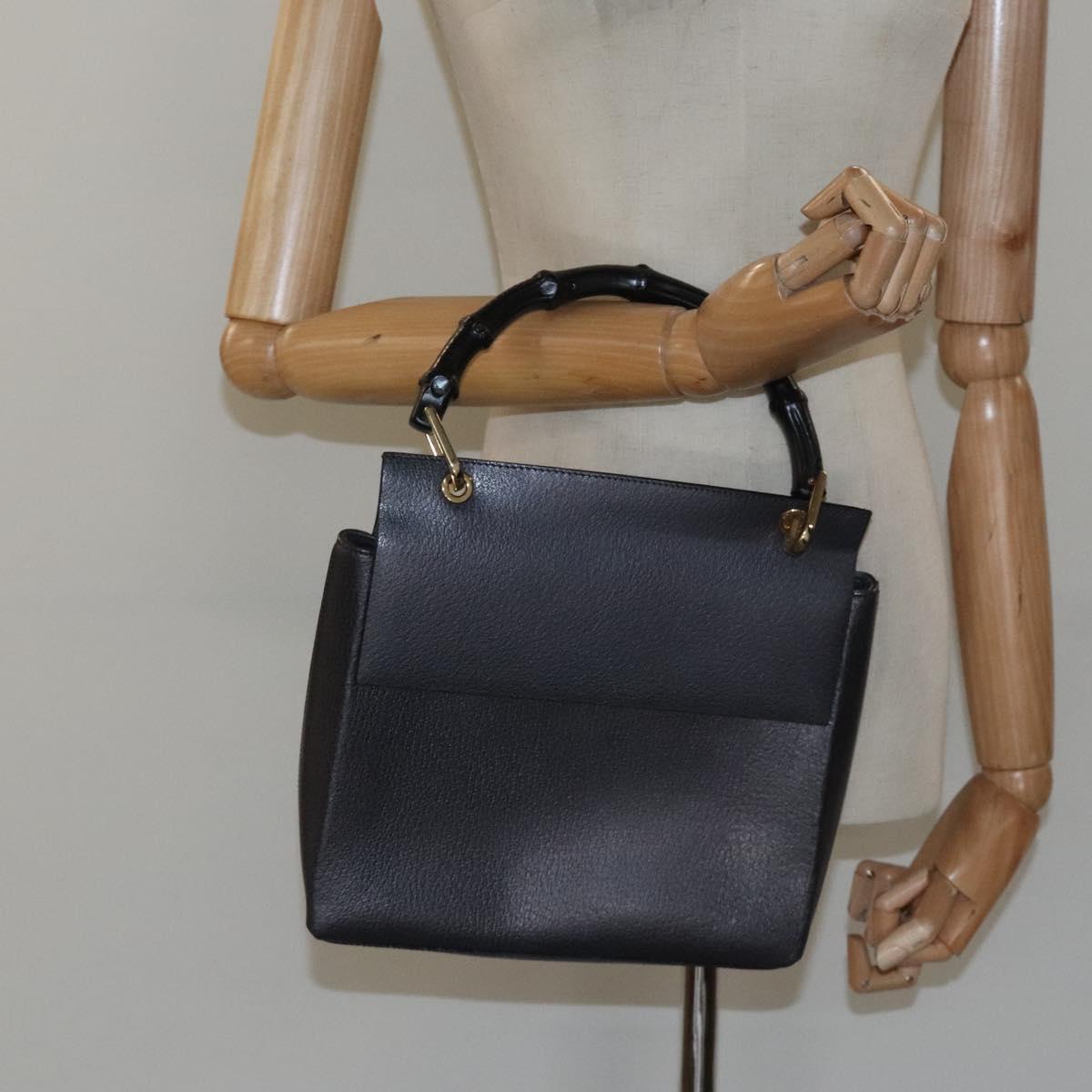 GUCCI Bamboo Hand Bag Leather Black Gold 001 3444 1887 Auth BA730