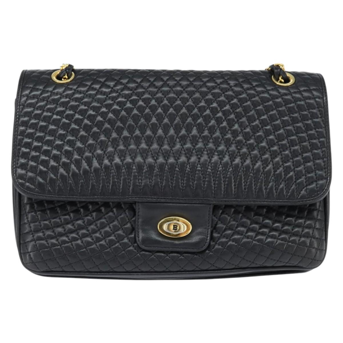 BALLY Chain Shoulder Bag Leather Black Gold Auth BA7303