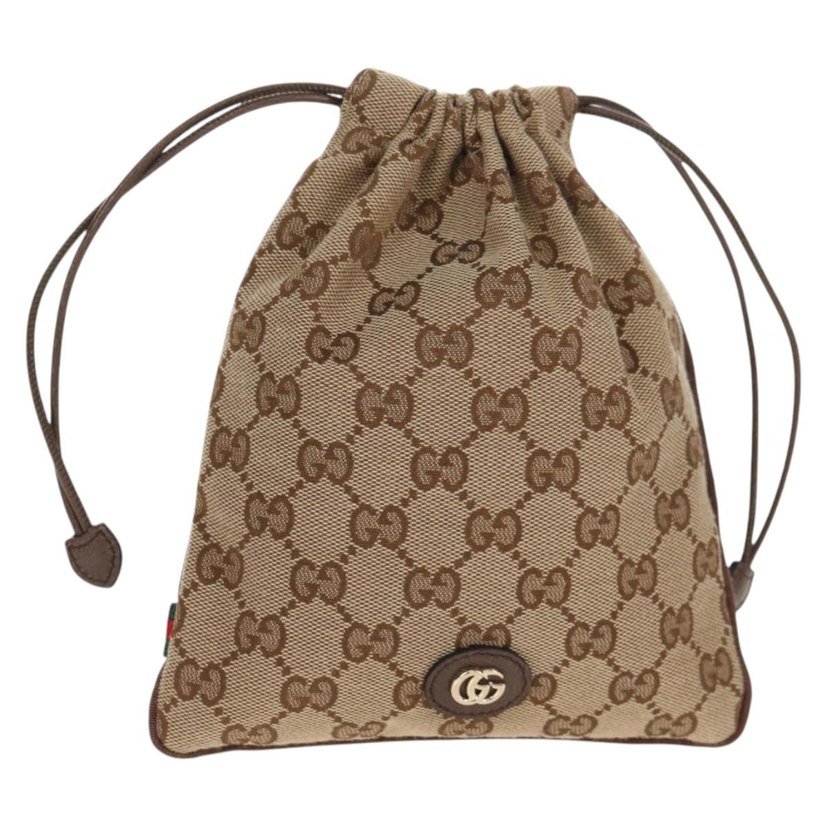 GUCCI GG Canvas Web Sherry Line Drawstring Pouch Beige Gold Auth BA7306M