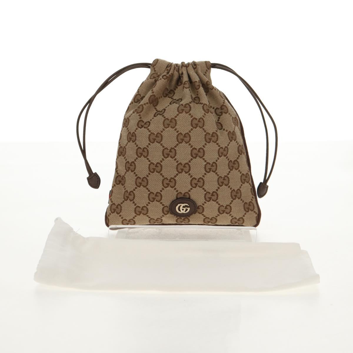 GUCCI GG Canvas Web Sherry Line Drawstring Pouch Beige Gold Auth BA7306M
