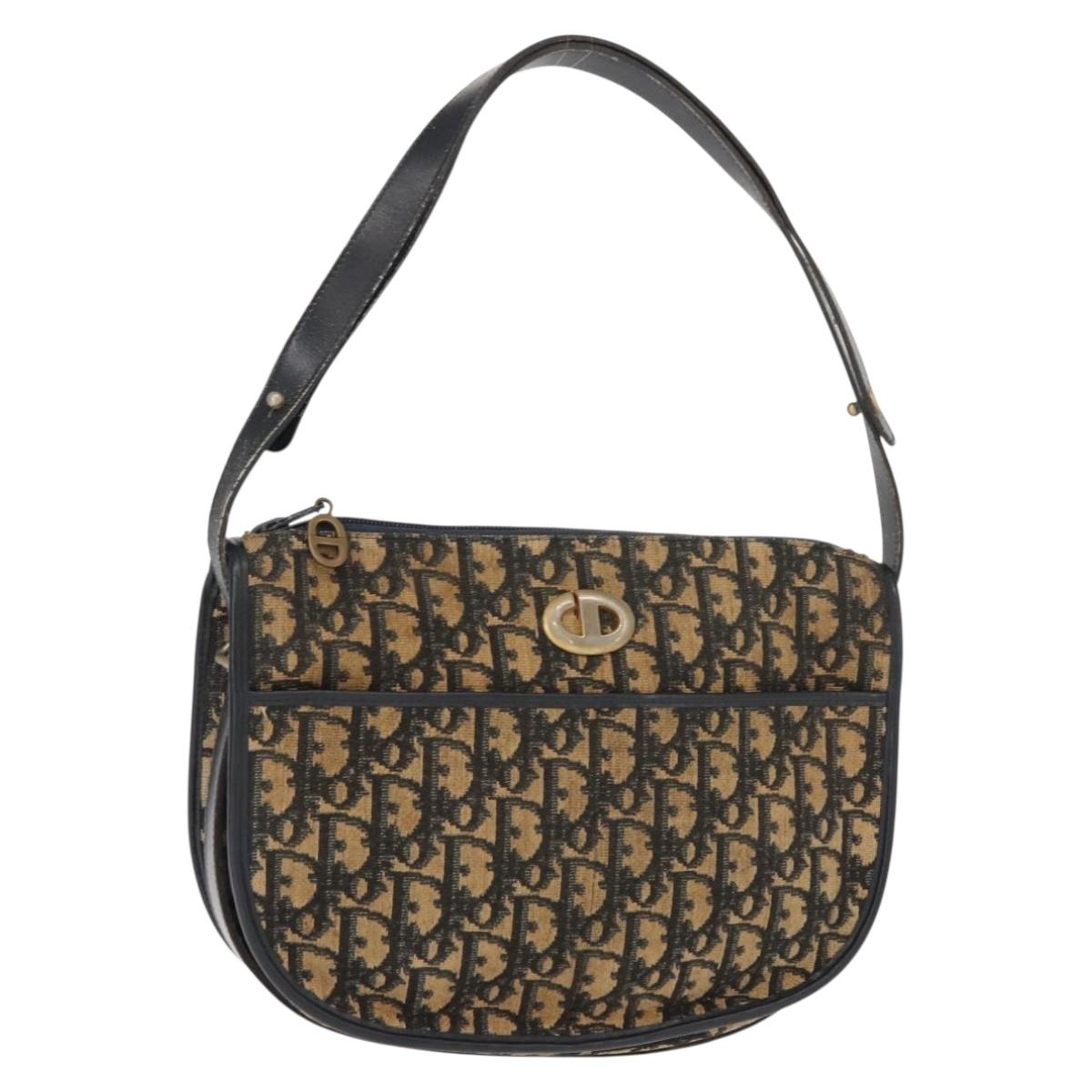 Christian Dior Trotter Canvas Shoulder Bag Navy Gold Auth BA7310