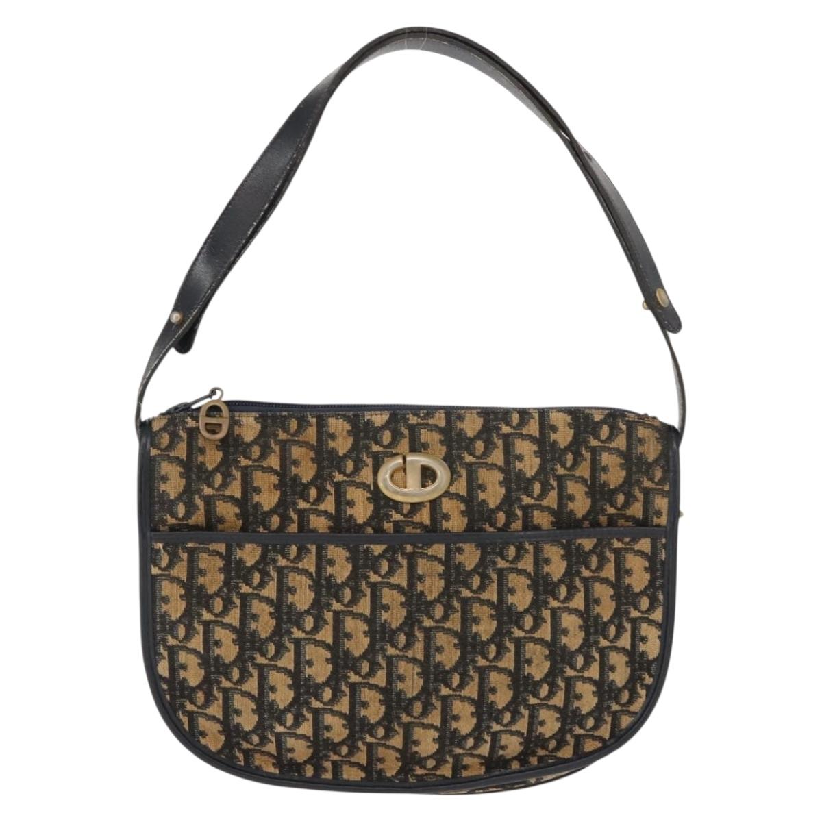 Christian Dior Trotter Canvas Shoulder Bag Navy Gold Auth BA7310