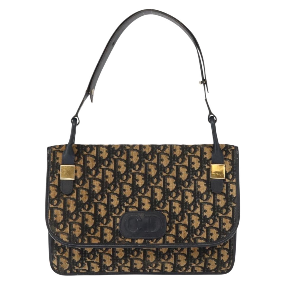 Christian Dior Trotter Canvas Shoulder Bag Navy Gold Auth BA7312