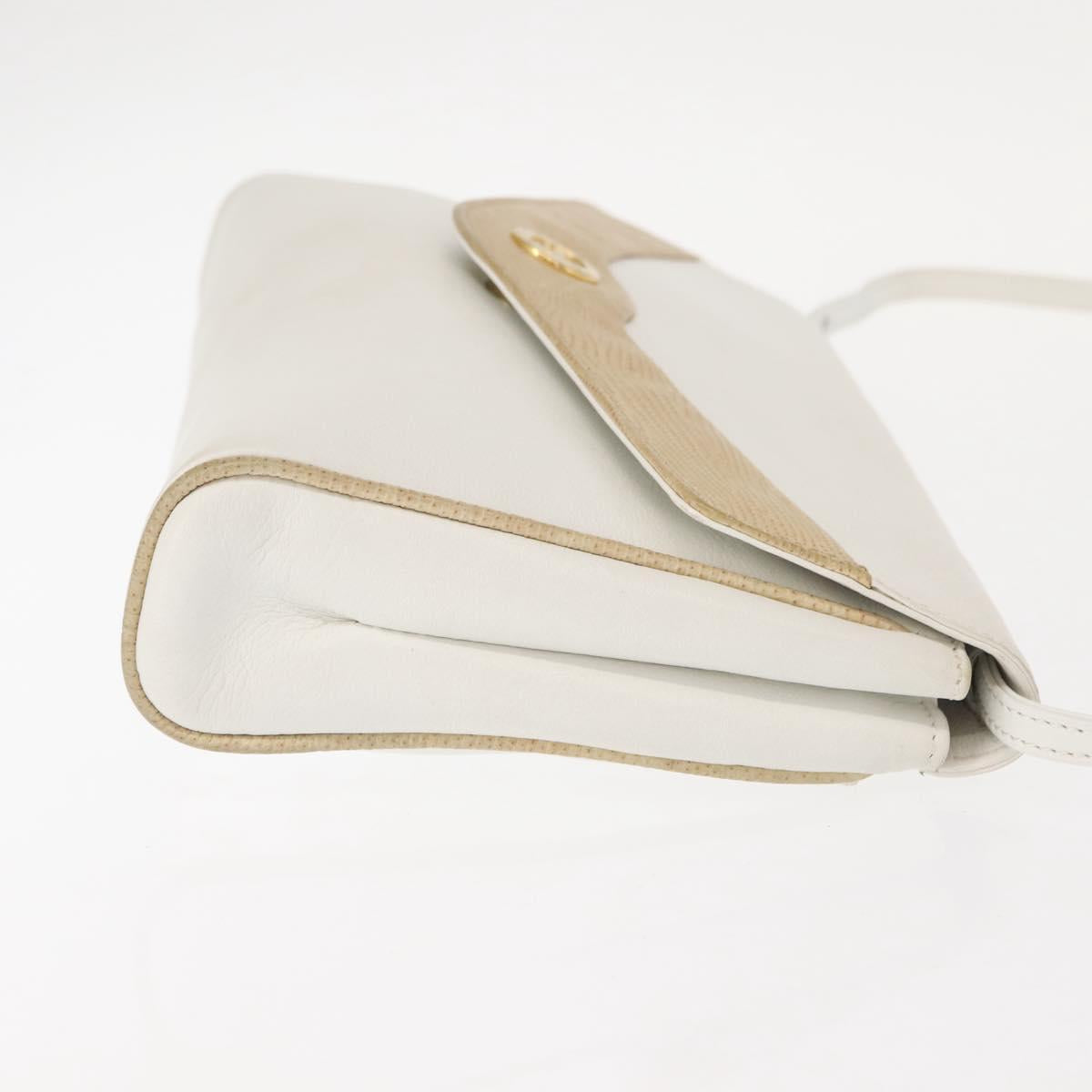 CELINE Shoulder Bag Leather White Gold Auth BA7313