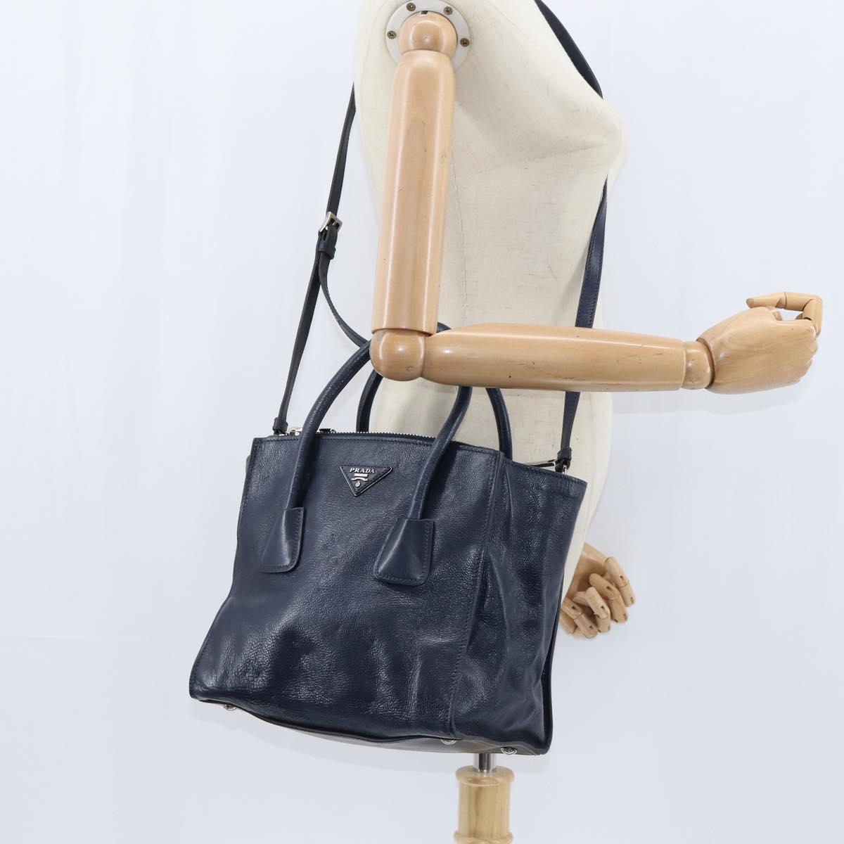 PRADA Hand Bag Leather 2way Navy Gold Auth BA7315