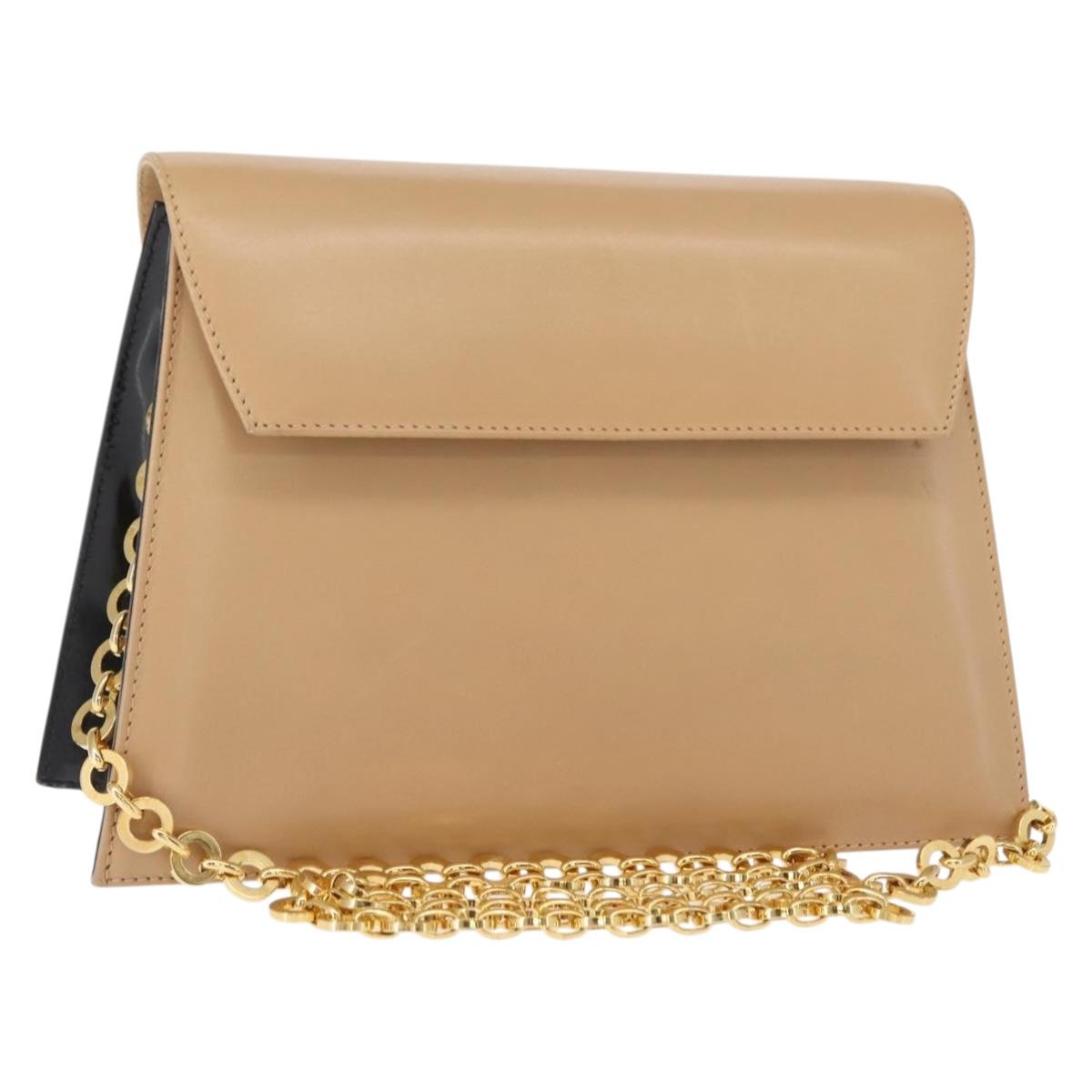 Salvatore Ferragamo Chain Shoulder Bag Leather Beige Gold Auth BA7325