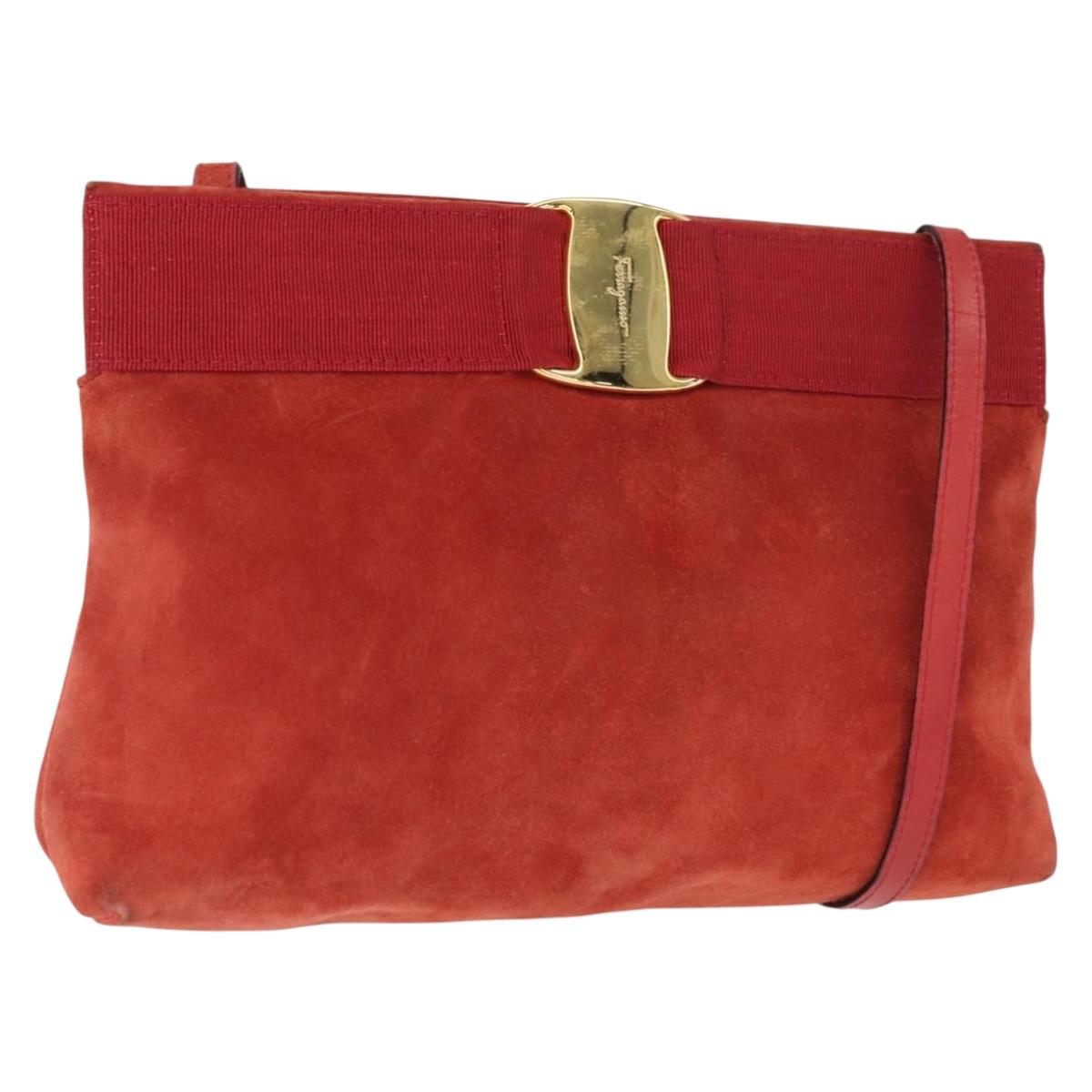 Salvatore Ferragamo Vala Shoulder Bag Suede Red Gold Auth BA7331
