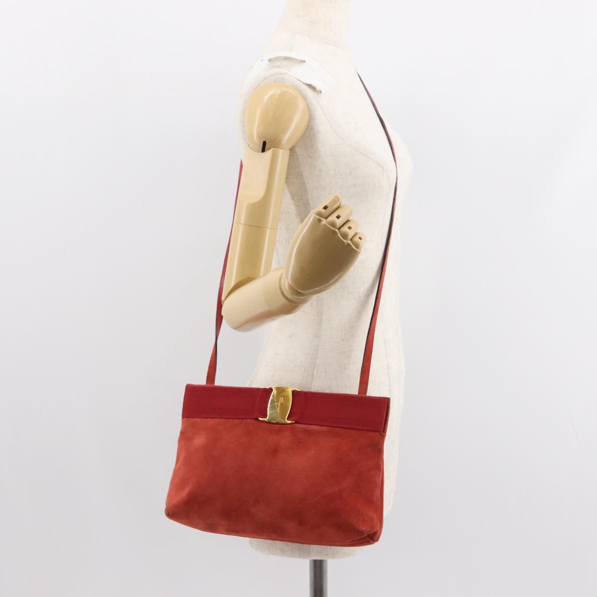 Salvatore Ferragamo Vala Shoulder Bag Suede Red Gold Auth BA7331