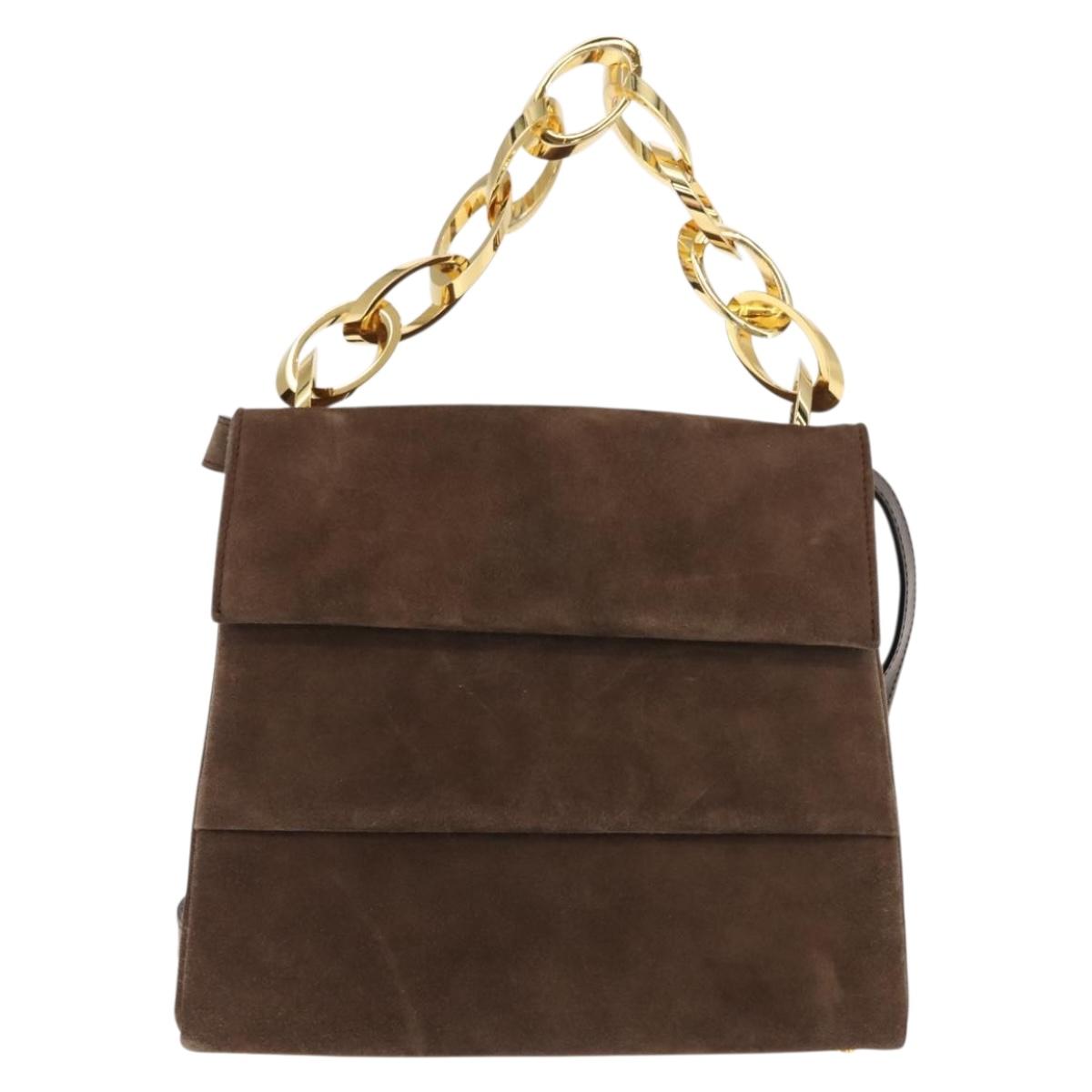 Salvatore Ferragamo Chain Hand Bag Suede Brown Gold Auth BA7332