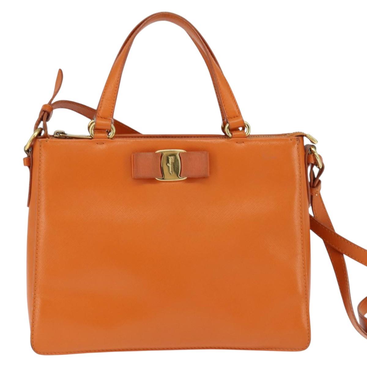 Salvatore Ferragamo Vala Tote Bag Leather 2way Orange Gold Auth BA7333