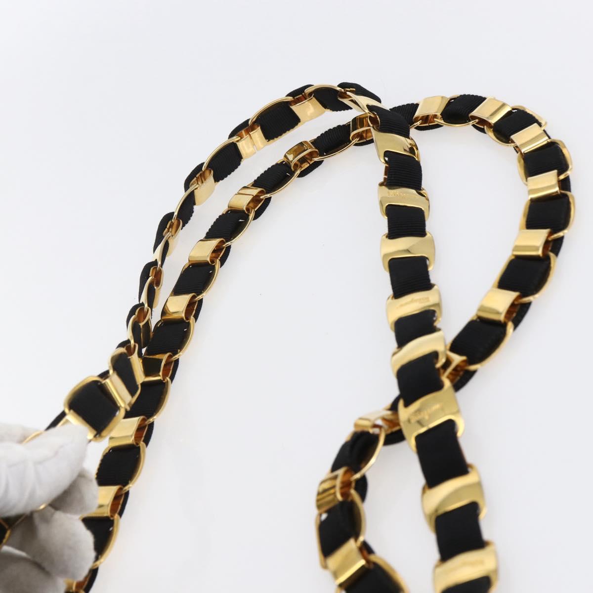 Salvatore Ferragamo Chain Vala Tote Bag Canvas Navy Gold Auth BA7334