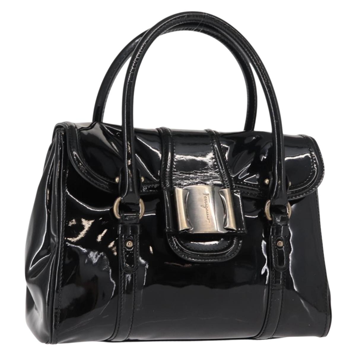 Salvatore Ferragamo Vala Hand Bag Enamel Black Gold Auth BA7339