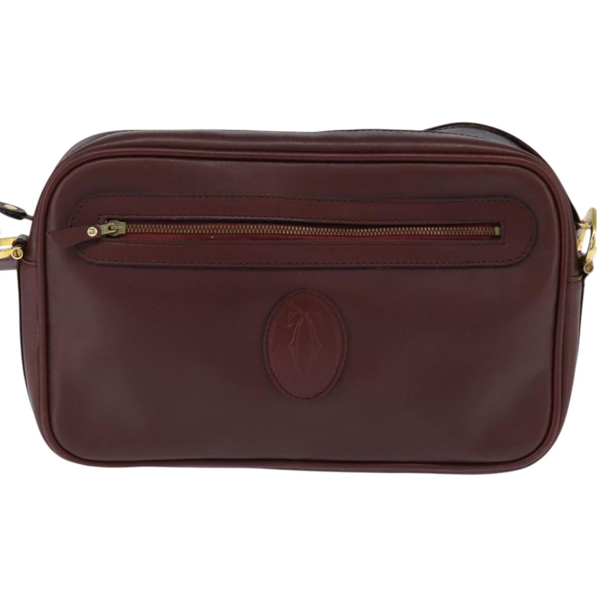 CARTIER Must Line Shoulder Bag Leather Bordeaux Gold Auth BA7350