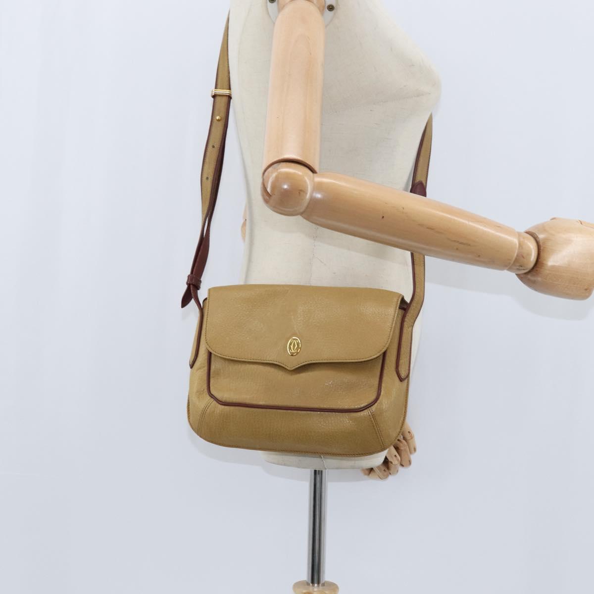 CARTIER Shoulder Bag Leather Beige Gold Auth BA7353