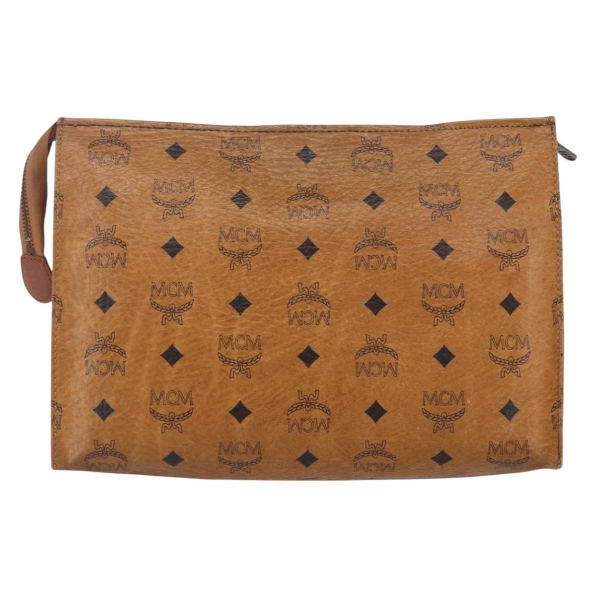 MCM Logogram Vicetos Clutch Bag PVC Leather Brown Gold Auth BA7355