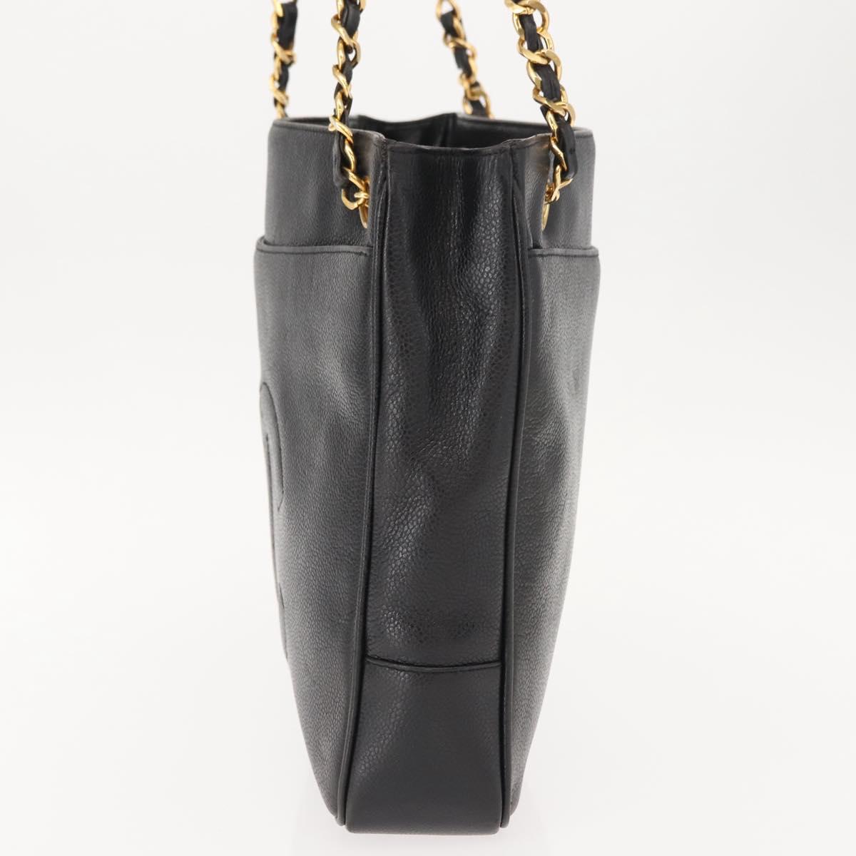 CHANEL Tote Bag Caviar Skin Black Gold CC Auth BA7490