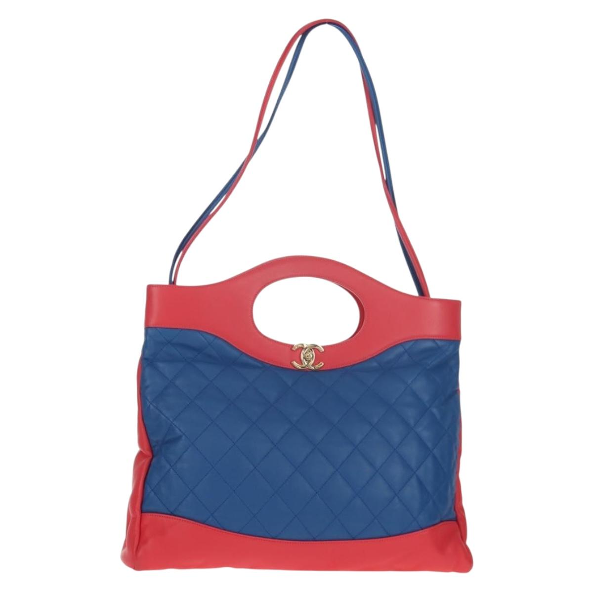 CHANEL Matelasse Hand Bag Lamb Skin 2way Blue Gold CC Auth BA7491SAM