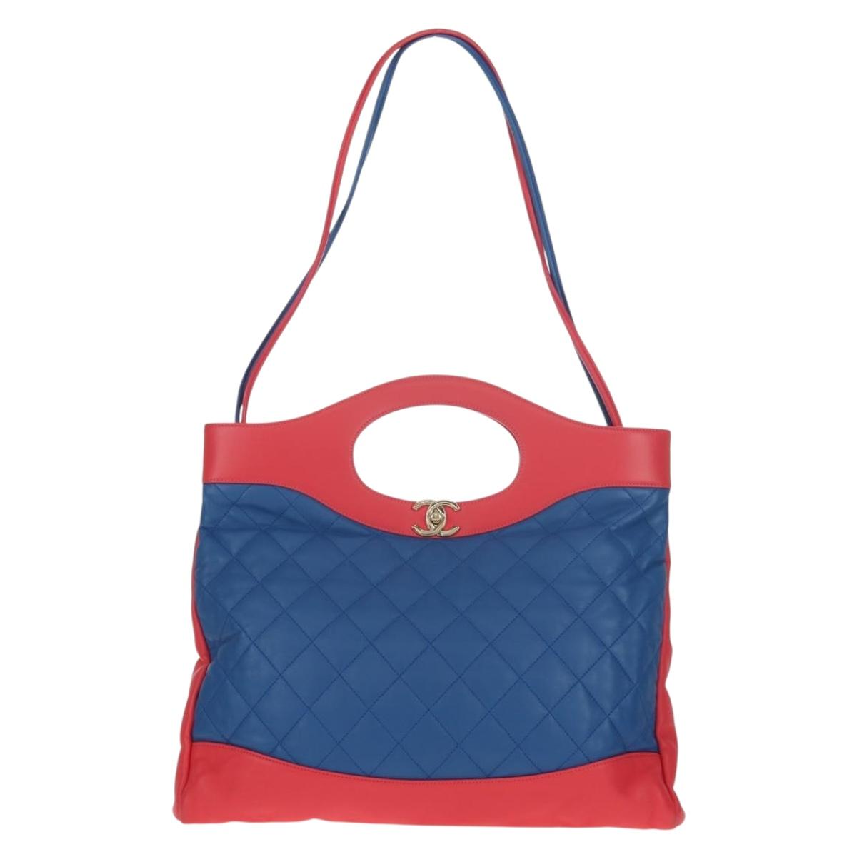 CHANEL Matelasse Hand Bag Lamb Skin 2way Blue Gold CC Auth BA7491M