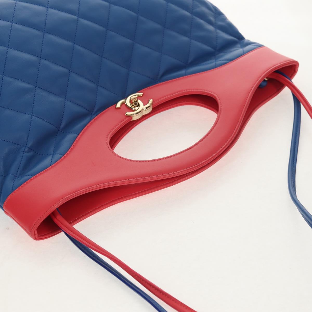 CHANEL Matelasse Hand Bag Lamb Skin 2way Blue Gold CC Auth BA7491M