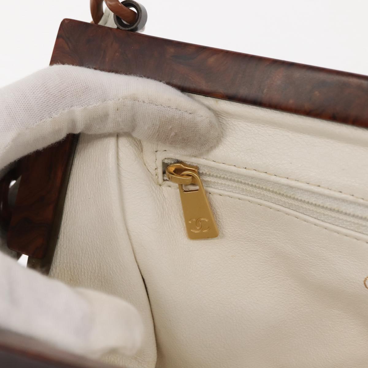 CHANEL Wood Chain Shoulder Bag Lamb Skin White Gold CC Auth BA7494