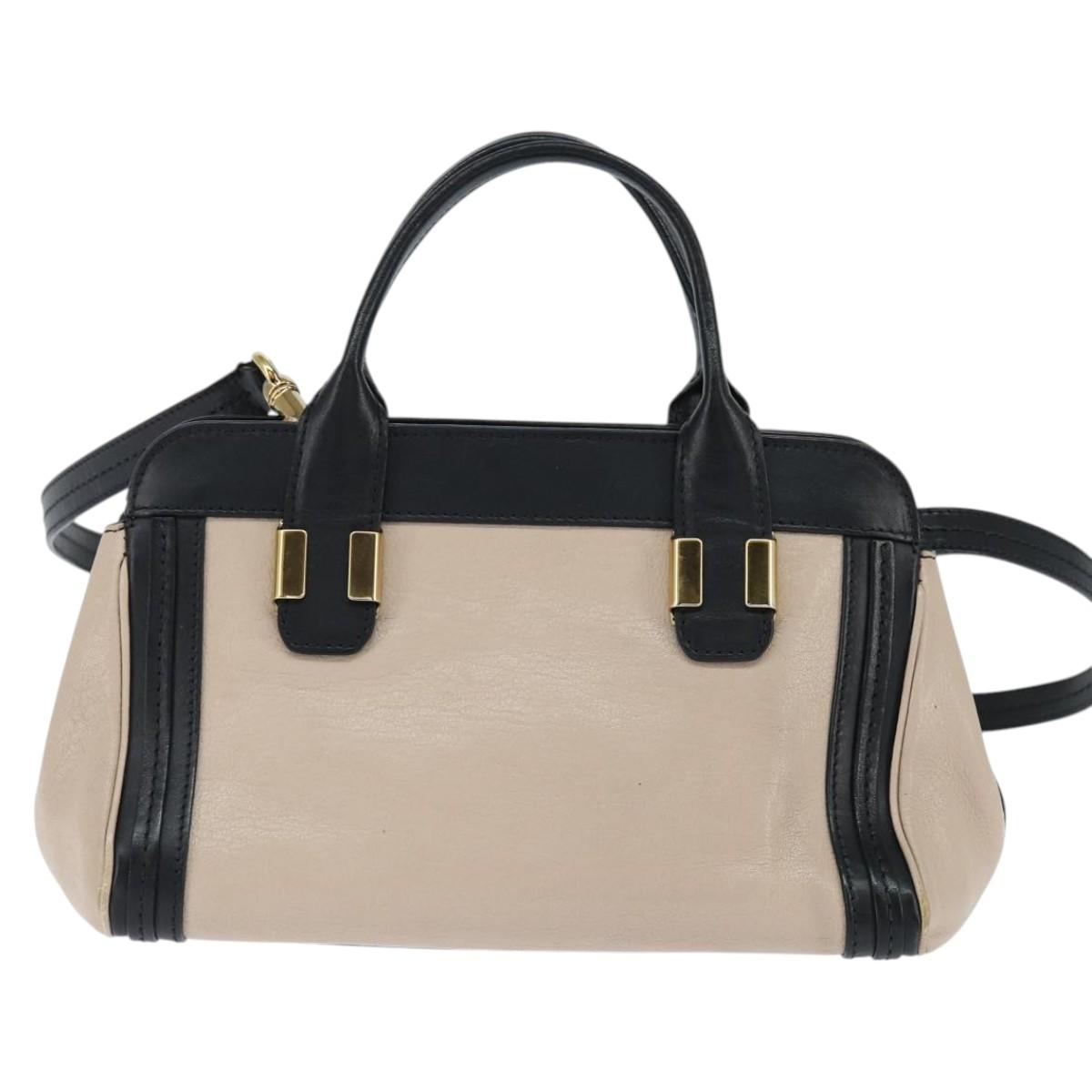 Chloe Little Alice Hand Bag Leather 2way White Gold Auth BA7495