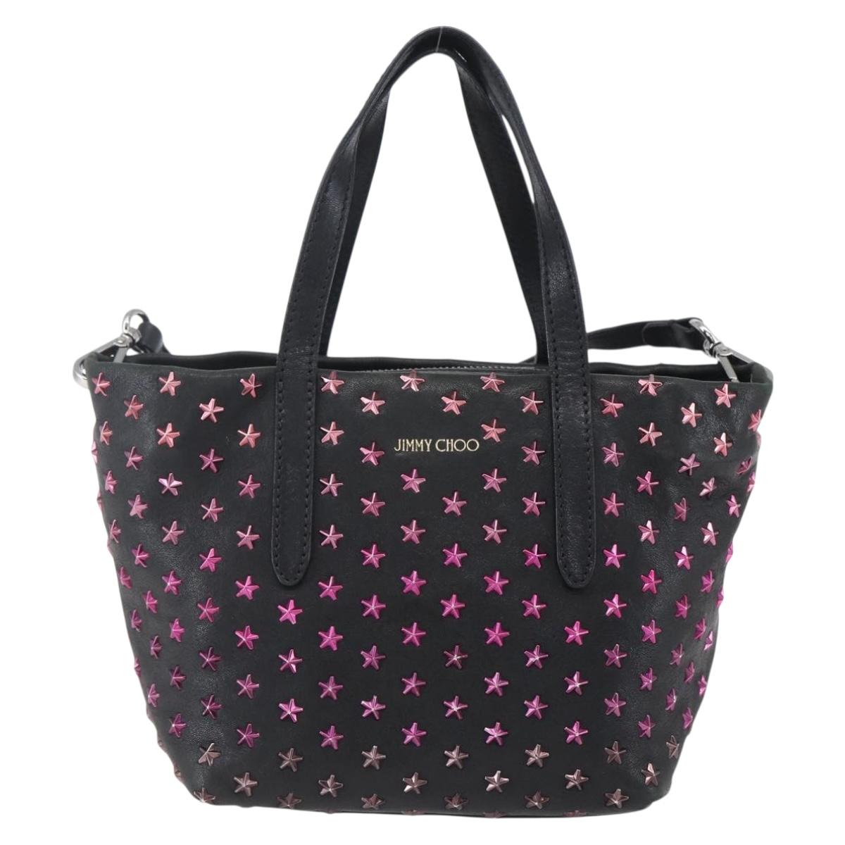 Jimmy Choo Studs Hand Bag Leather 2way Black Silver Auth BA7517