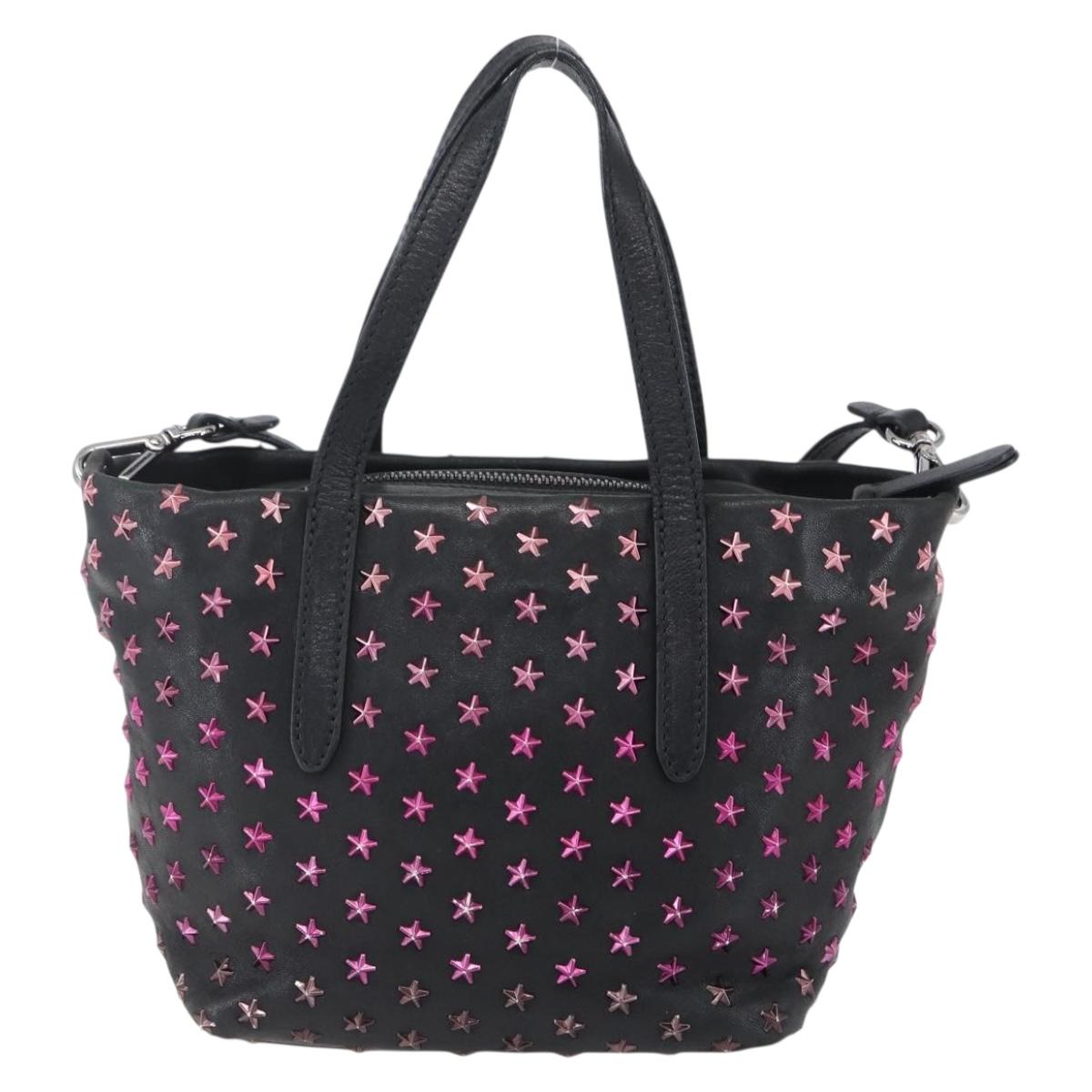 Jimmy Choo Studs Hand Bag Leather 2way Black Silver Auth BA7517