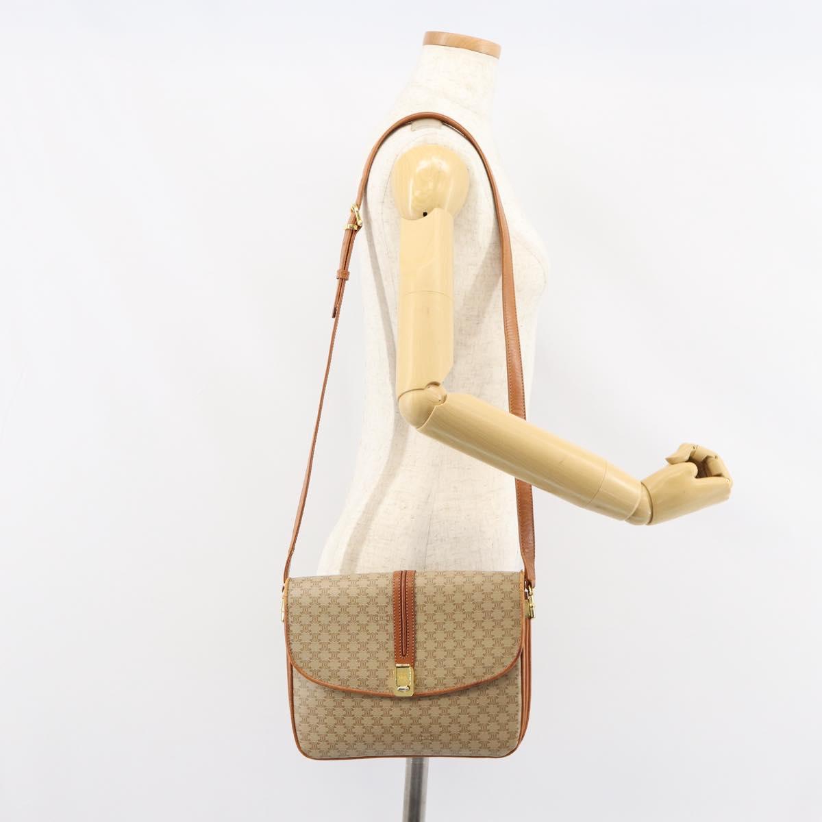 CELINE Macadam Canvas Shoulder Bag PVC Leather Beige Gold Auth BA7520