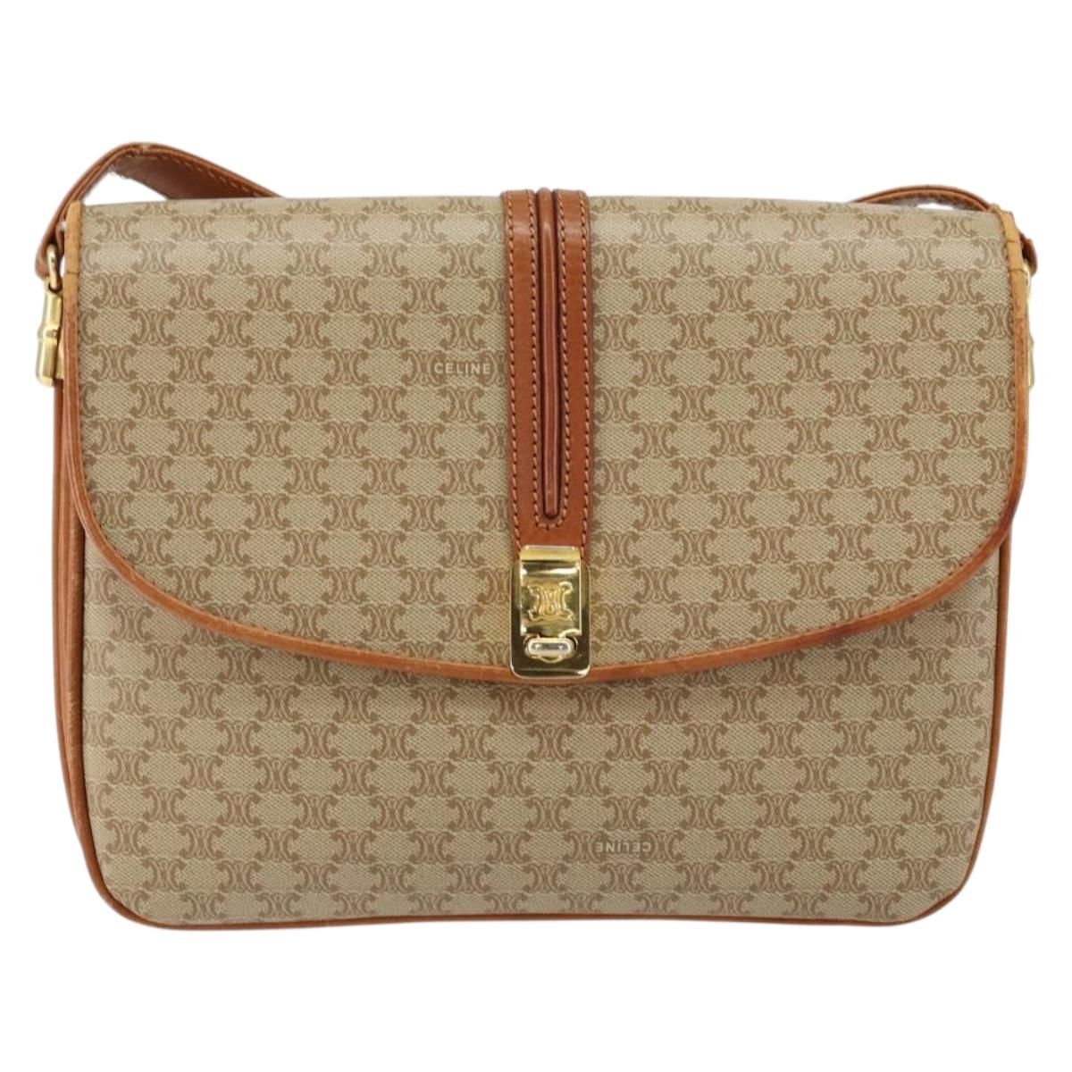 CELINE Macadam Canvas Shoulder Bag PVC Leather Beige Gold Auth BA7520