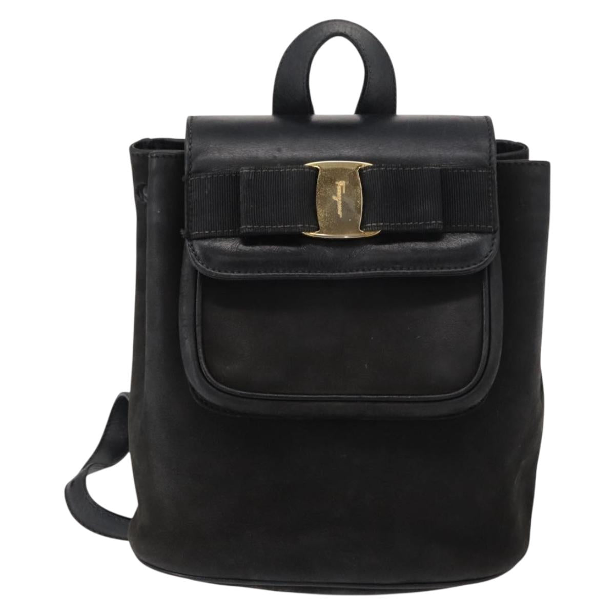 Salvatore Ferragamo Vala Backpack Leather Black Gold Auth BA7527