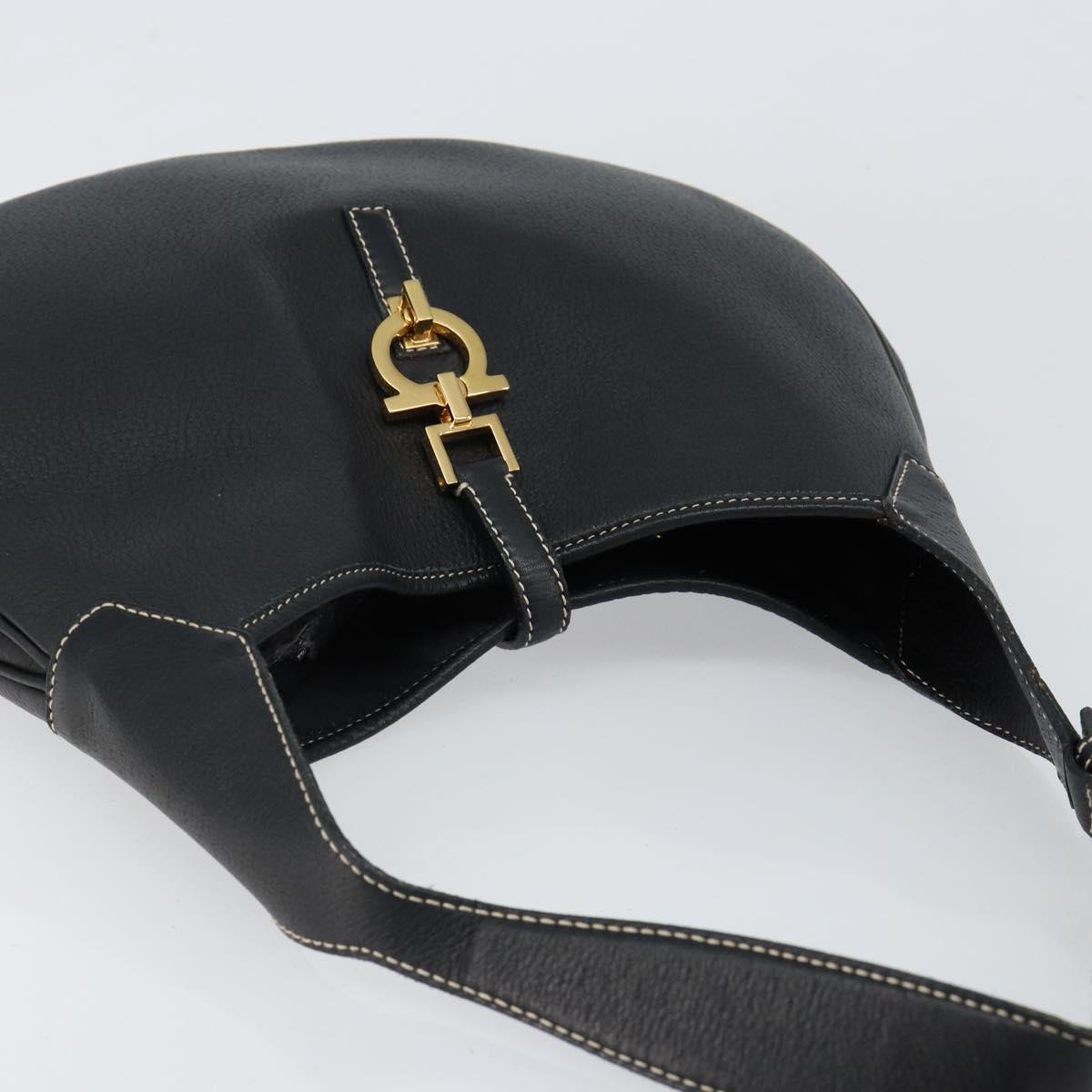 Salvatore Ferragamo Gancini Shoulder Bag Leather Black Gold Auth BA7529