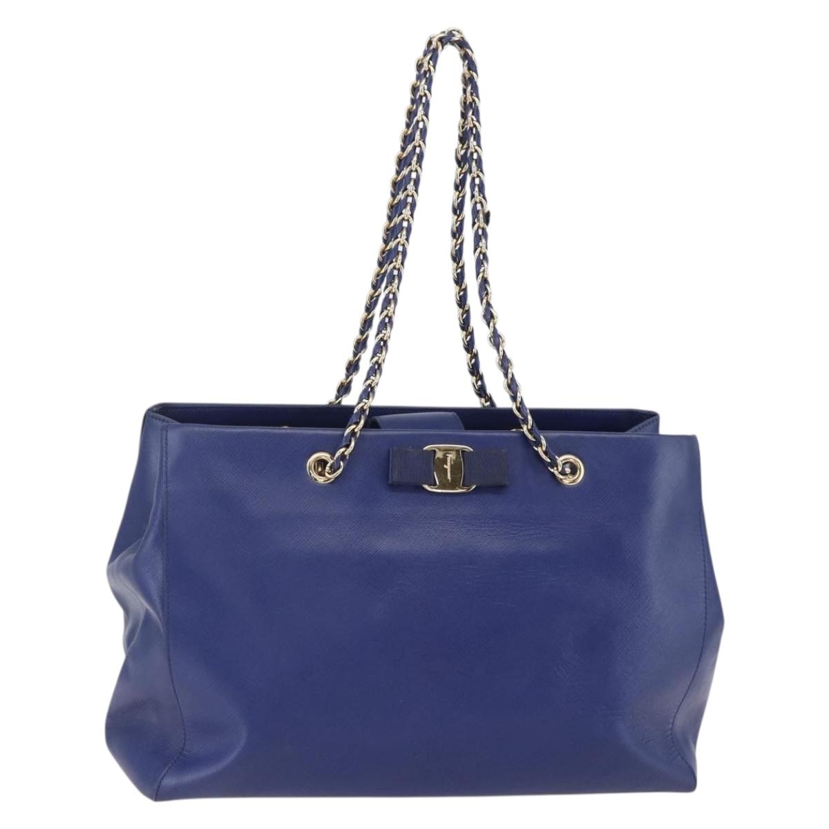 Salvatore Ferragamo Vala Chain Tote Bag Leather Blue Gold Auth BA7531